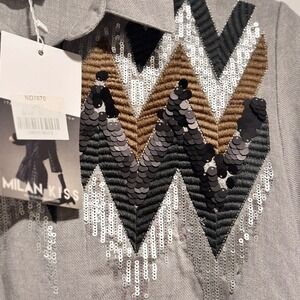 Milan Miss Gray Linen Blend Chevron Sequin Embellished Long Sleeve Shirt Tunic|M